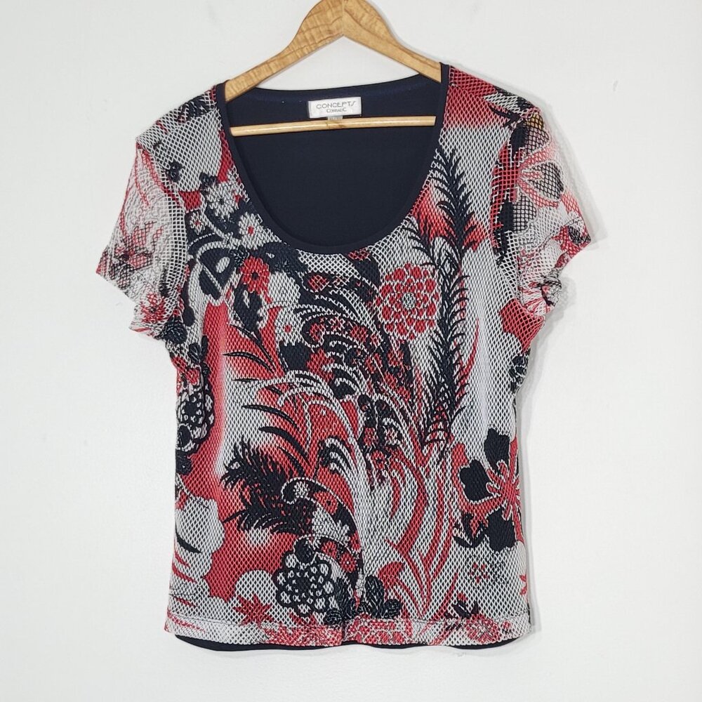 Concepts Black Red White Floral Short Sleeve Scoop Neck Net Mesh Top Size XL
